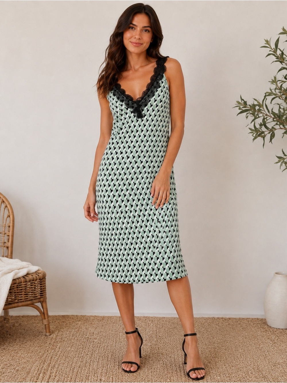 NWT Future Collective Kahlana Barfield Brown Geometric Slip Dress Green Sz Large